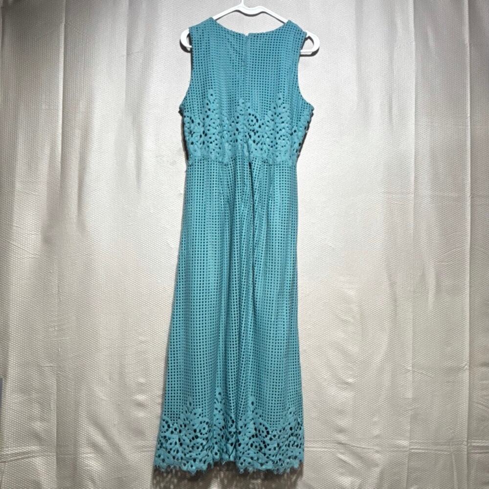 Alfani Teal Aqua Eyelet Laser Cut Dress Size 12 Sleeveless A-Line Empire Summer - Picture 9 of 9